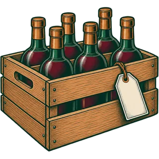 Engraved illustration of a crate of bottles with a price tag